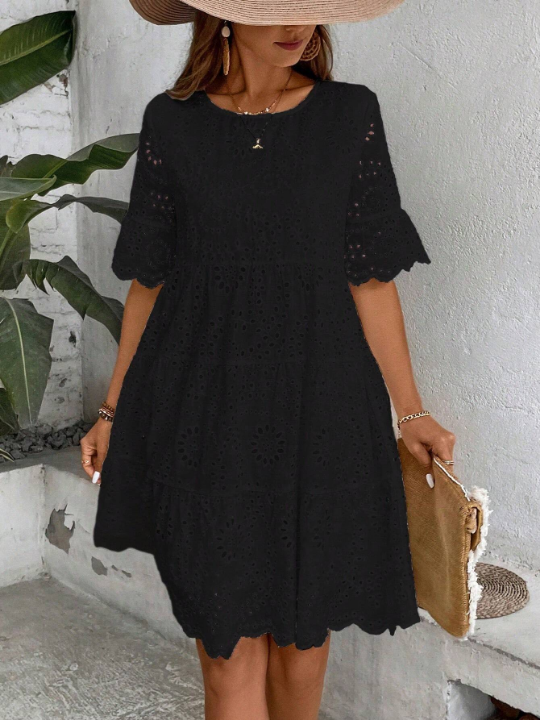 LUNE Hollow Embroidery Round Neck Middle Waist Short Sleeve A-Line Dress