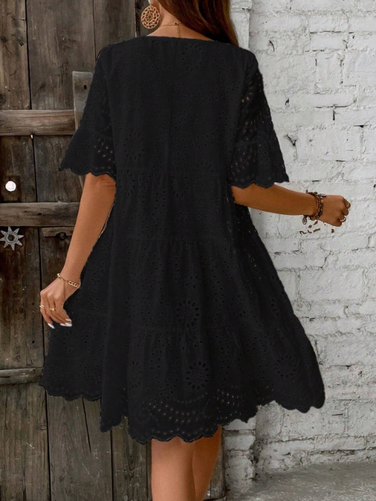 LUNE Hollow Embroidery Round Neck Middle Waist Short Sleeve A-Line Dress