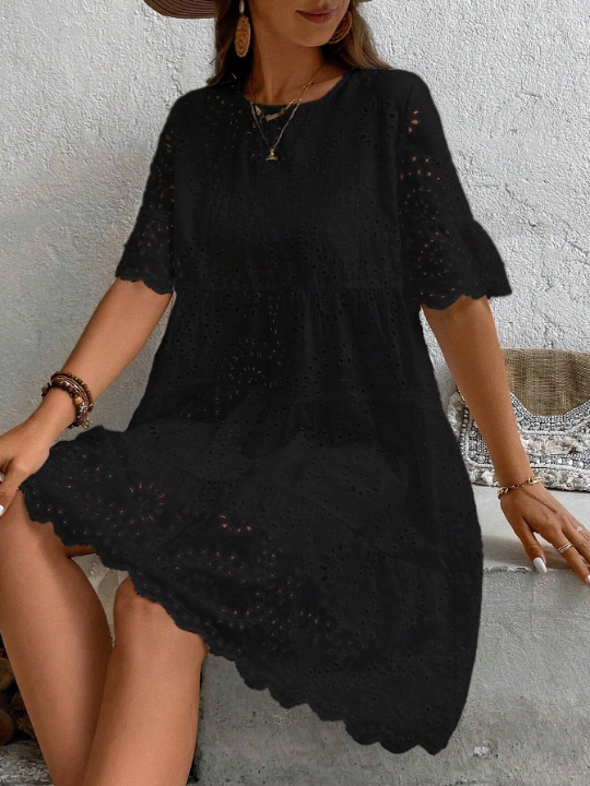 LUNE Hollow Embroidery Round Neck Middle Waist Short Sleeve A-Line Dress