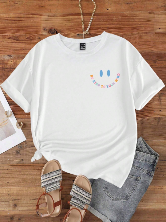 Fashionable Casual Cartoon & Slogan Printed Drop Shoulder Short Sleeve T-Shirt