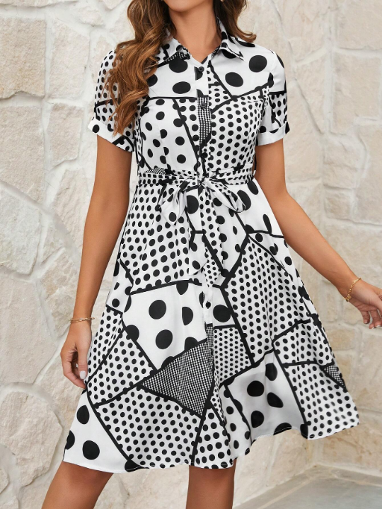 Clasi Women's Polka Dot Short Sleeve Shirt Dress