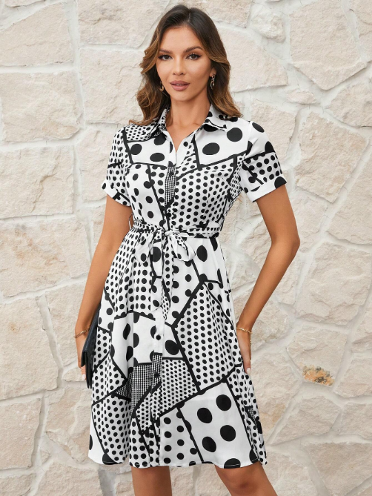 Clasi Women's Polka Dot Short Sleeve Shirt Dress