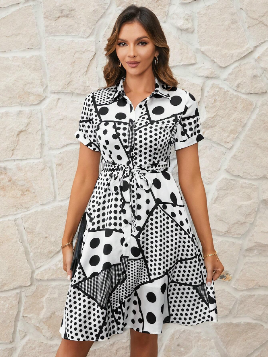 Clasi Women's Polka Dot Short Sleeve Shirt Dress