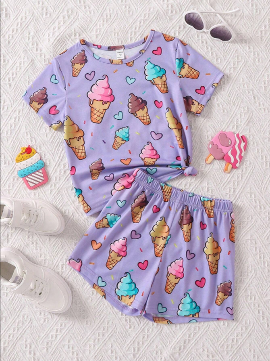 Young Girl Ice Cream Print Tee & Shorts Set