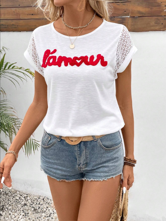 Frenchy Women's Letter Embroidery & Lace Patchwork Batwing Sleeve T-Shirt