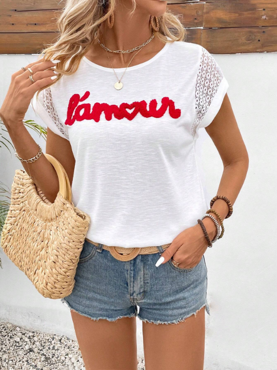 Frenchy Women's Letter Embroidery & Lace Patchwork Batwing Sleeve T-Shirt