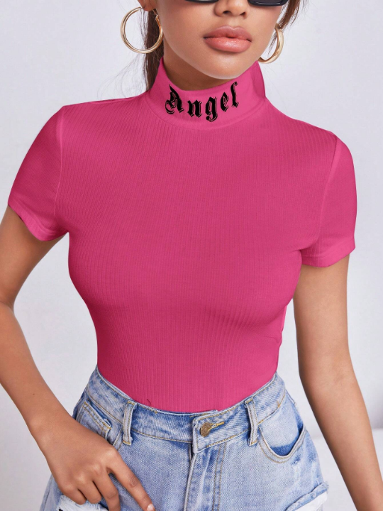 Essnce Women's Slim Fit Stand Collar T-Shirt With Letter Print