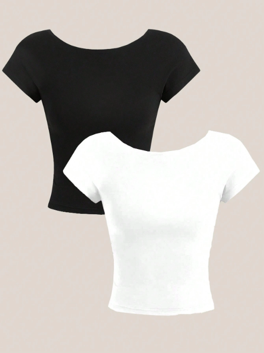 EZwear 2pcs/Set Open Back Round Neck Short Sleeve Tight Crop Top T-Shirt, Suitable For Summer