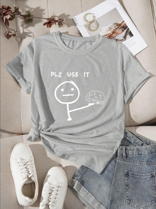 Women's Cartoon Printed Round Neck Short Sleeve T-Shirt With Slogan
