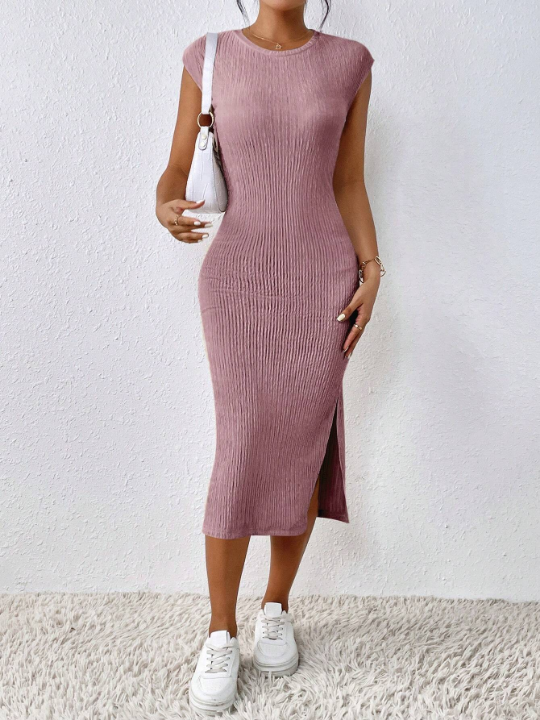 Frenchy Ladies' Round Neck Bodycon Dress With Side Slit Hem