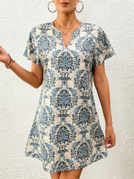 LUNE Summer Allover Print Notched Neck Batwing Sleeve Tunic Dress