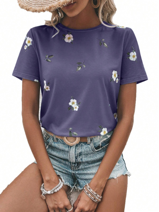 LUNE Floral Print Round Neck Tee Graphic T Shirt