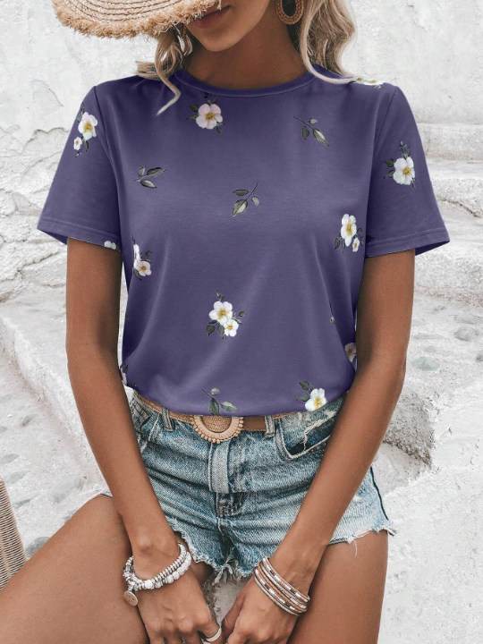 LUNE Floral Print Round Neck Tee Graphic T Shirt