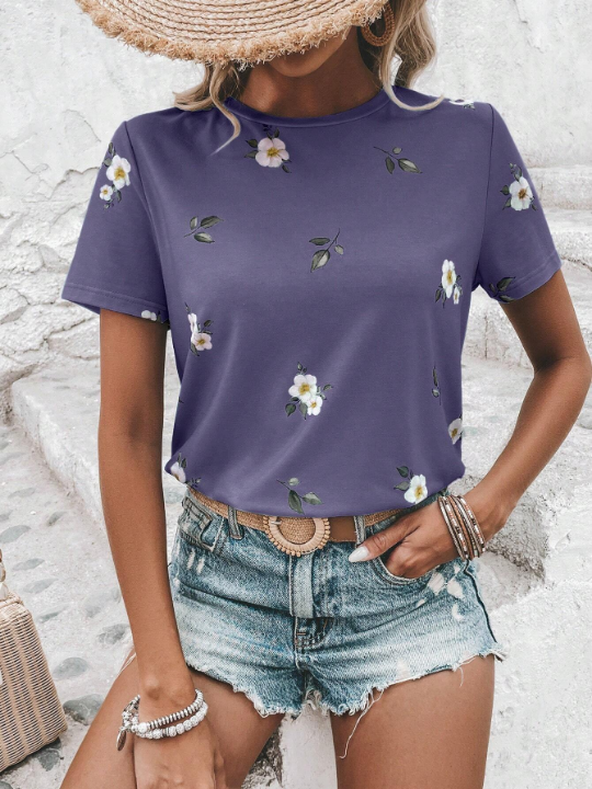 LUNE Floral Print Round Neck Tee Graphic T Shirt