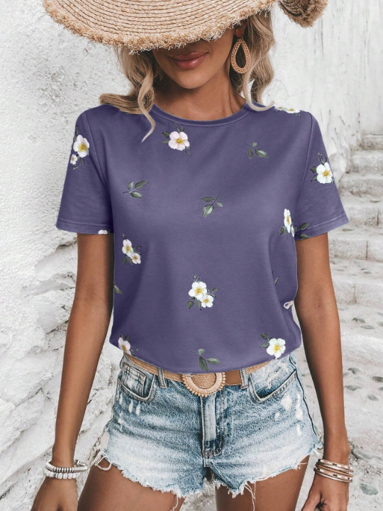 LUNE Floral Print Round Neck Tee Graphic T Shirt