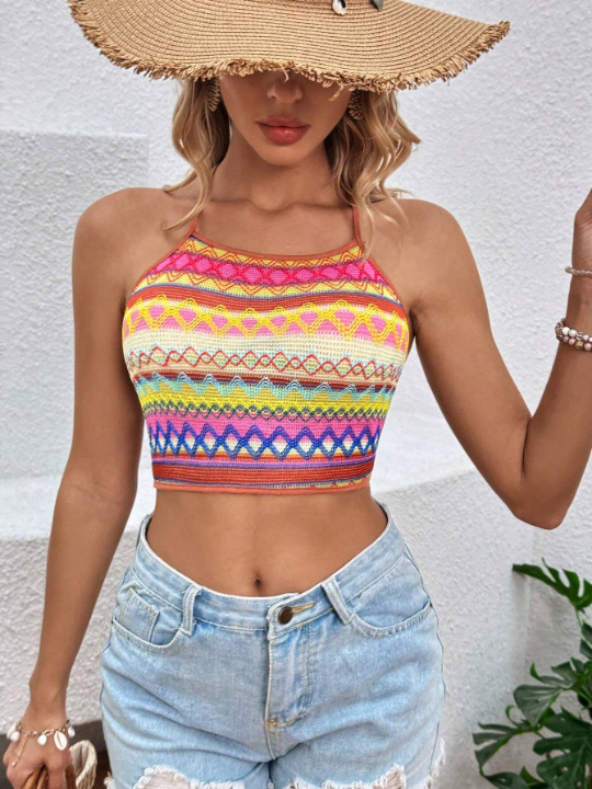 VCAY Women's Geometric Patterned Crop Halter Top