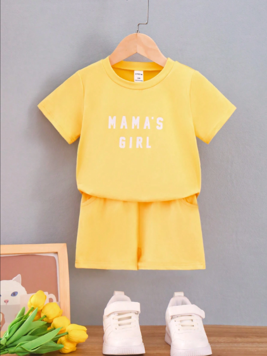 Kids EVRYDAY Young Girls' Letter Print Round Neck Short Sleeve T-Shirt And Shorts Set