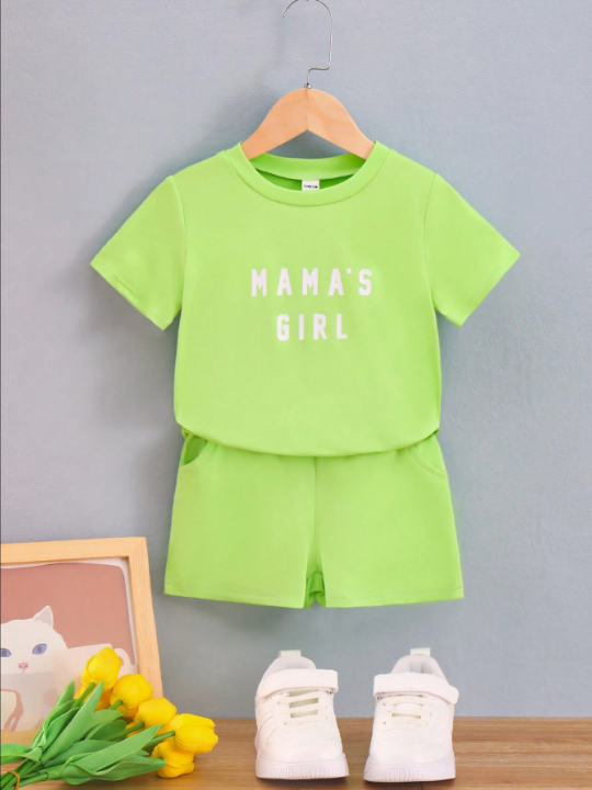 Kids EVRYDAY Young Girl Letter Printed Short Sleeve Top And Casual Shorts