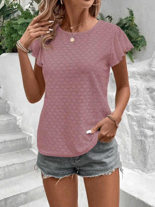 LUNE Mesh Round Neck Ruffled Sleeve T-Shirt