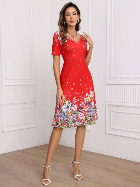 Clasi Floral Print V-Neck Slim Short Sleeve Dress