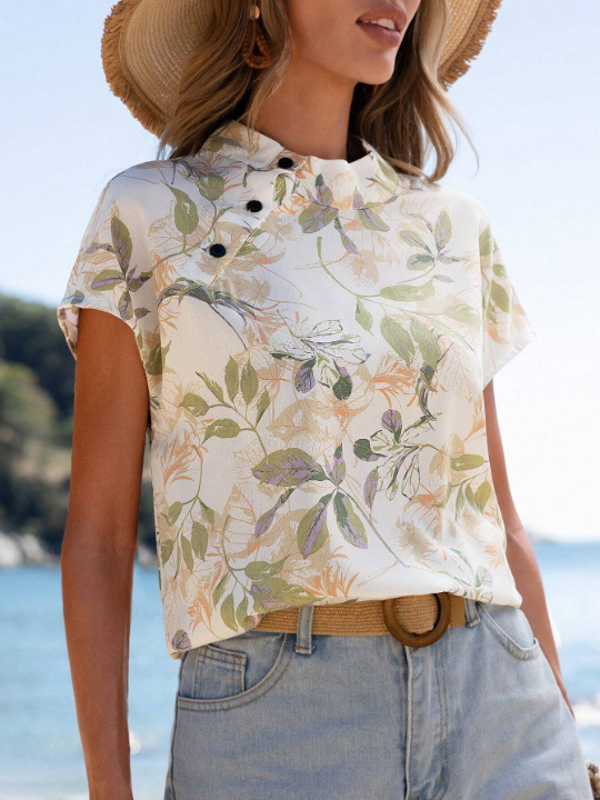 EMERY ROSE Tropical Plants Printed Button Up Shirt With Batwing Sleeves Detail  Floral Blouse Summer Women Blouses