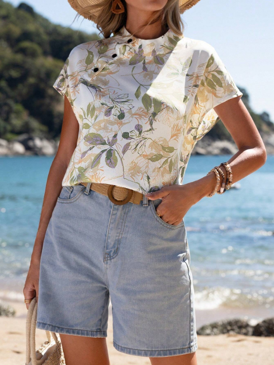 EMERY ROSE Tropical Plants Printed Button Up Shirt With Batwing Sleeves Detail  Floral Blouse Summer Women Blouses