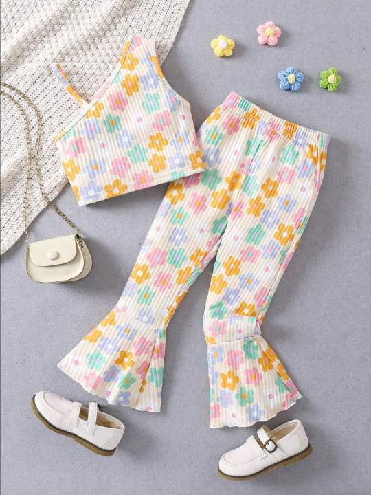 Young Girl Floral Print Asymmetrical Neck Top & Flare Leg Pants Set