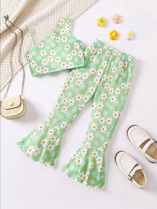 Young Girl Asymmetric Collar Floral Print Sleeveless Top And Flared Pants Set