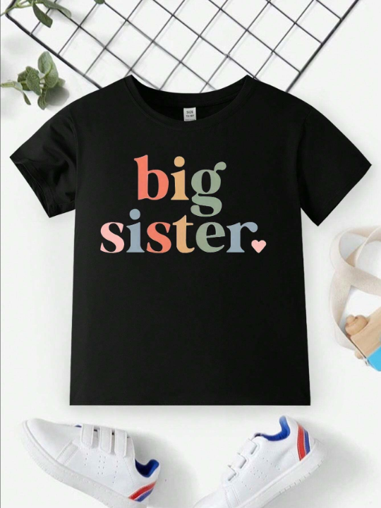 Young Girls' Cute & Trendy Letter Printed T-Shirt With Round Neckline And Casual Cut, Summer