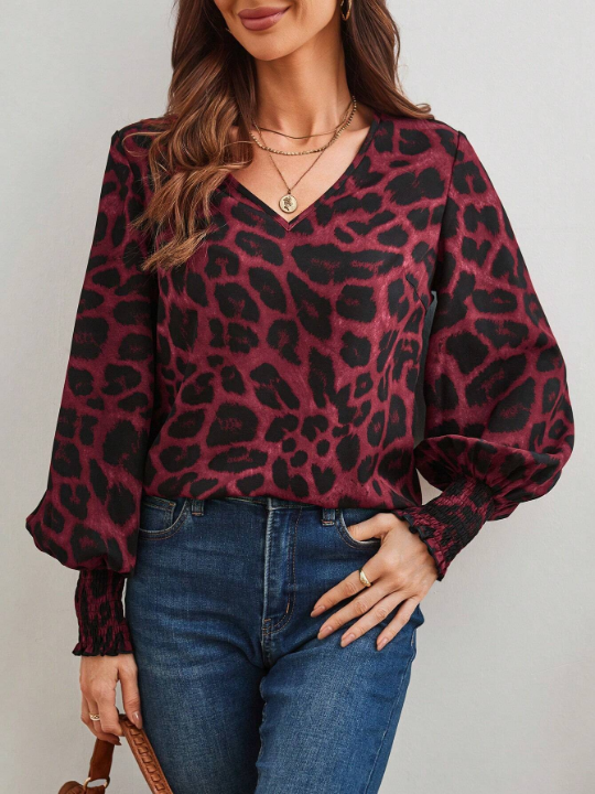 LUNE Women's Leopard Print V-Neck Lantern Sleeve Fashion Shirt