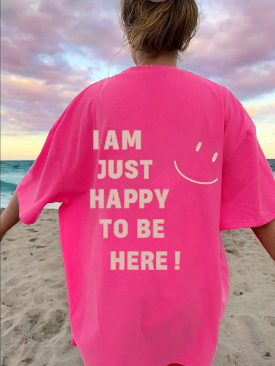 Essnce Women's Casual Short Sleeve T-Shirt With Face Graphic, Letter Printing And Round Neckline