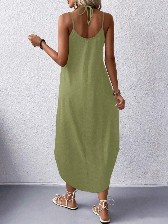 Solid Color High Slit Halter Neck Maxi Dress