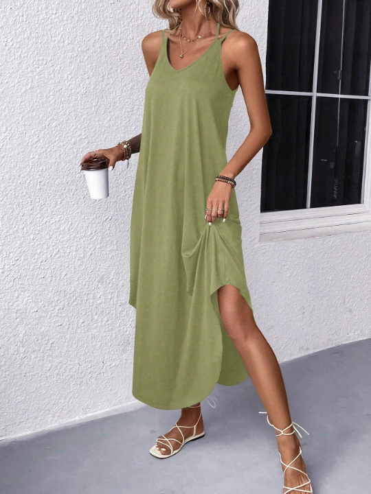 Solid Color High Slit Halter Neck Maxi Dress