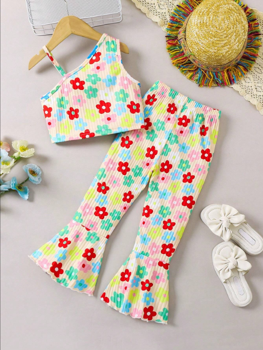 Little Girl's Vacation Style Floral Printed One Shoulder Strap Top And Wide Leg Pants Two Piece Outfit