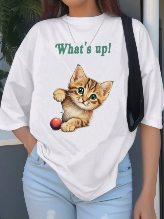 Women's Simple Cat Pattern Short Sleeve T-Shirt