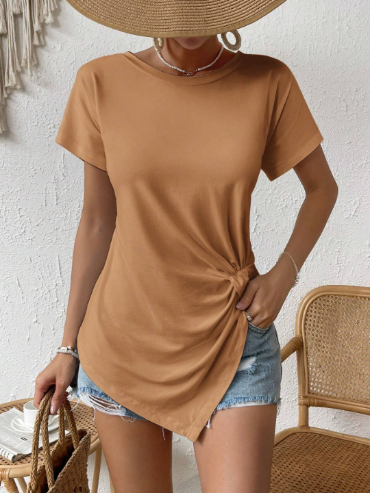 LUNE Summer Round Neck Short Sleeve Tee Shirt With Open Knot Detail And Split Hem