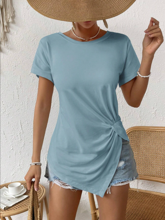 LUNE Women's Summer Comfortable Round Neck Short Sleeve T-Shirt With Twist Knot Detailing And Split Hem