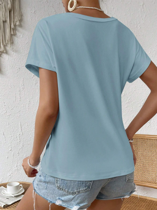 LUNE Women's Summer Comfortable Round Neck Short Sleeve T-Shirt With Twist Knot Detailing And Split Hem