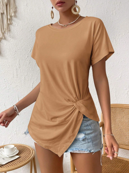 LUNE Summer Round Neck Short Sleeve Tee Shirt With Open Knot Detail And Split Hem