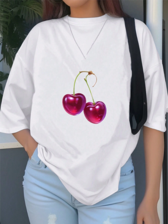 Women's Cherry Print Short Sleeve T-Shirt