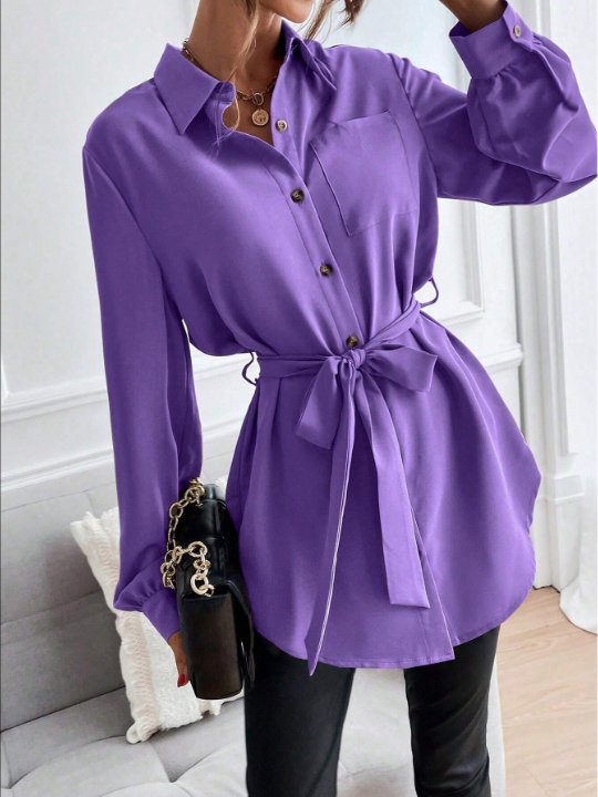 LUNE Women's Solid Color Single Breasted Pocket Long Sleeve Shirt