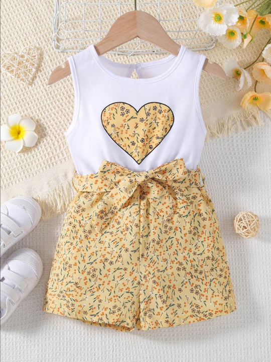 Kids SUNSHNE Young Girl's Color Block Patchwork Floral Print Sleeveless Jumpsuit