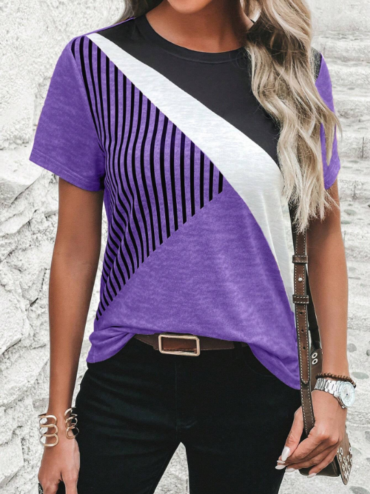 Clasi Color Block Striped Round Neck Short Sleeve T-Shirt