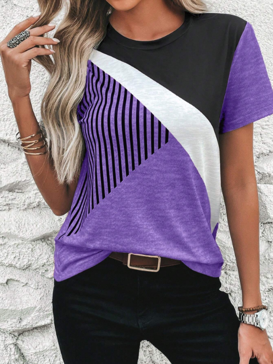 Clasi Color Block Striped Round Neck Short Sleeve T-Shirt