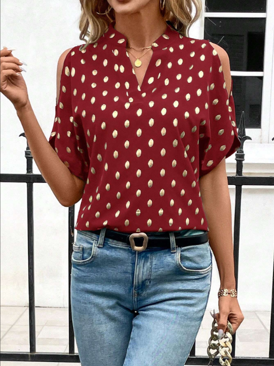 Clasi Elegant Women's Floral Printed Cold Shoulder Top With Notched Collar