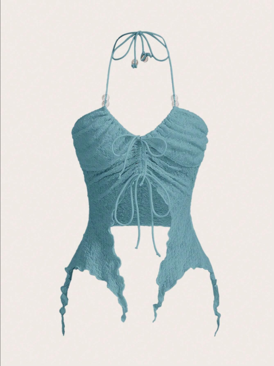 ICON Drawstring Front Asymmetrical Hem Halter White Top