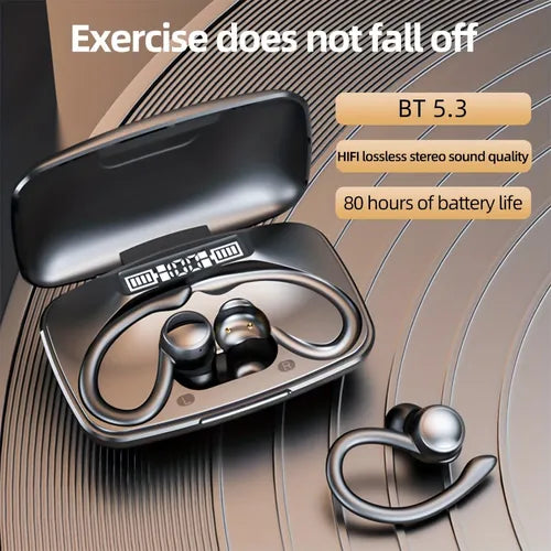 Wireless Earbuds With Earhooks, 80 Hours Play Back Sports Headphones In-Ear HiFi Stereo Earphones With Mic, ENC Noise Reduction Waterproof Headsets Deep Bass For Gym Running