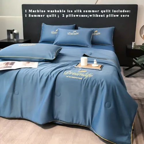 3pcs Washable Ice Silk Summer Quilt Set With Embroidery, Suitable For Air Conditioned Environments, Breathable Soft, With Long-lasting Cooling Sensation For Bedroom Or Hotel (1*Summer Quilt+2*Pillowcase Without Core)