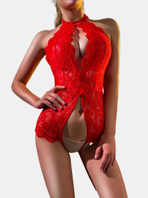 Sexy Lace Floral Halter Neck Teddy, Semi-Sheer One-Piece Plunging Backless Bodysuit, Women's Sexy Lingerie & Underwear