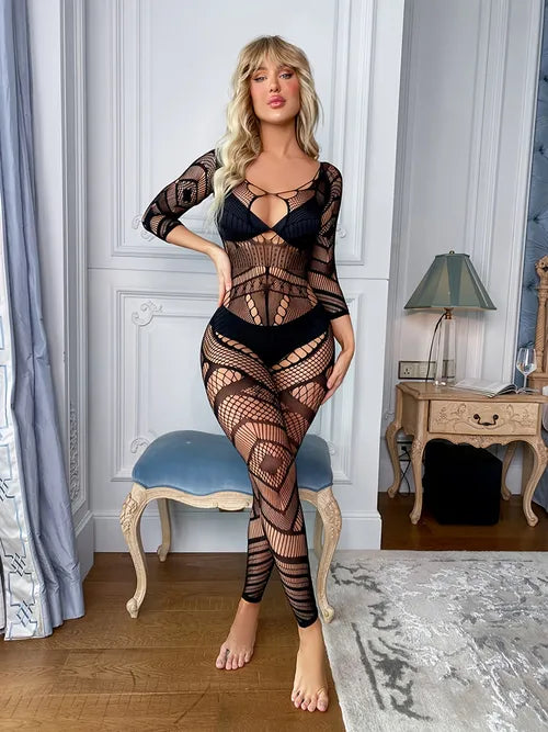 Women's Fishnet Bodystocking Criss Cross Mesh Stockings Lingerie One Piece Full Body Stockings, Women's Lingerie & Underwear